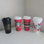 Lot Of 4 Starbucks Reusable 16 Oz Cups With Lids Black Red White Holiday. Fixed Price $14.50.